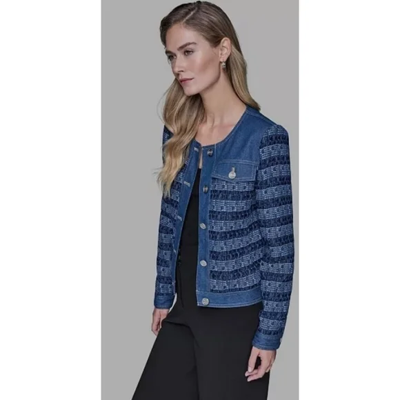 KARL LAGERFELD PARIS Denim Tweed Crewneck Jacket NWT XL - Picture 2 of 8